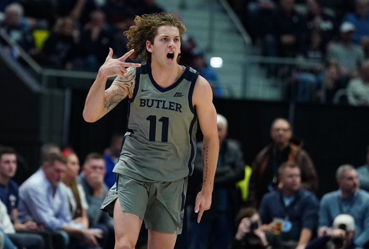 Dec 16, 2025; Storrs, Connecticut, USA; Butler Bulldogs guard Finley Bizjack (11) reacts after his three point basket against the UConn Huskies in the first half at Harry A. Gampel Pavilion. Mandatory Credit: David Butler II-Imagn Images