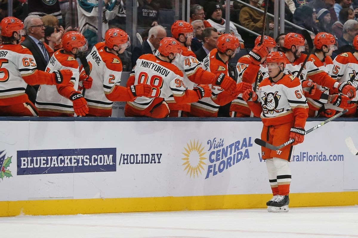 Dec 16, 2025; Columbus, Ohio, USA; Anaheim Ducks center Mikael Granlund (64) celebrates his goal against the against the Columbus Blue Jackets during the second period at Nationwide Arena. Mandatory Credit: Russell LaBounty-Imagn Images