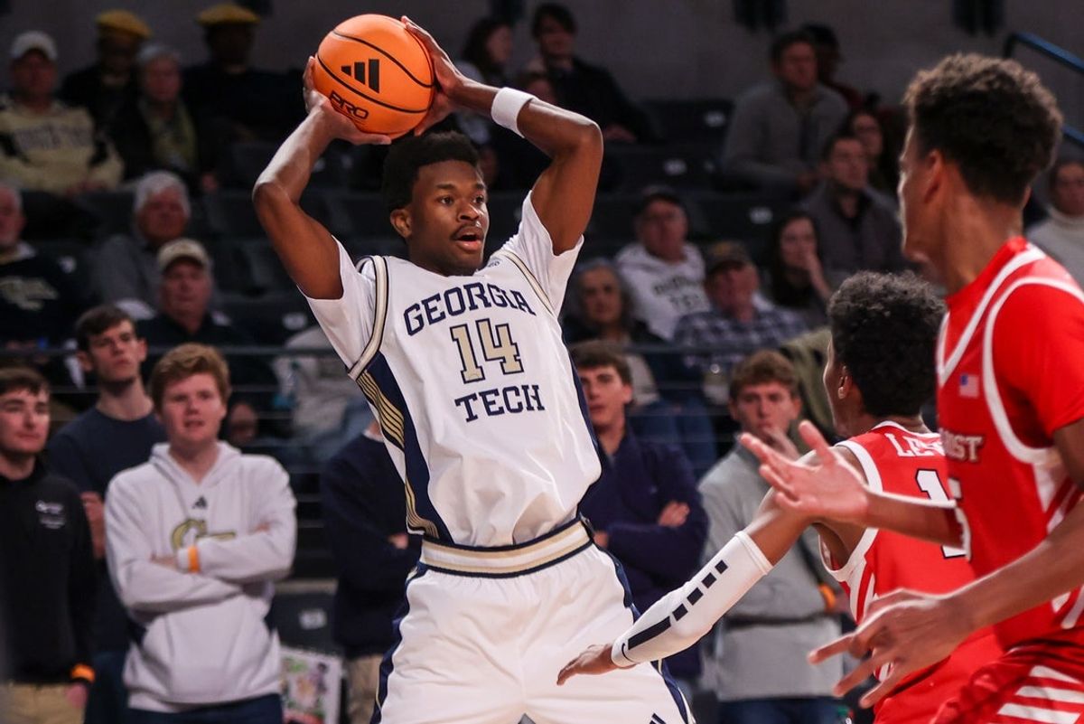 Dec 16, 2025; Atlanta, Georgia, USA; Georgia Tech Yellow Jackets forward Kowacie Reeves Jr. (14) handles the ball against the Marist Red Foxes in the second half at McCamish Pavilion. Mandatory Credit: Brett Davis-Imagn Images