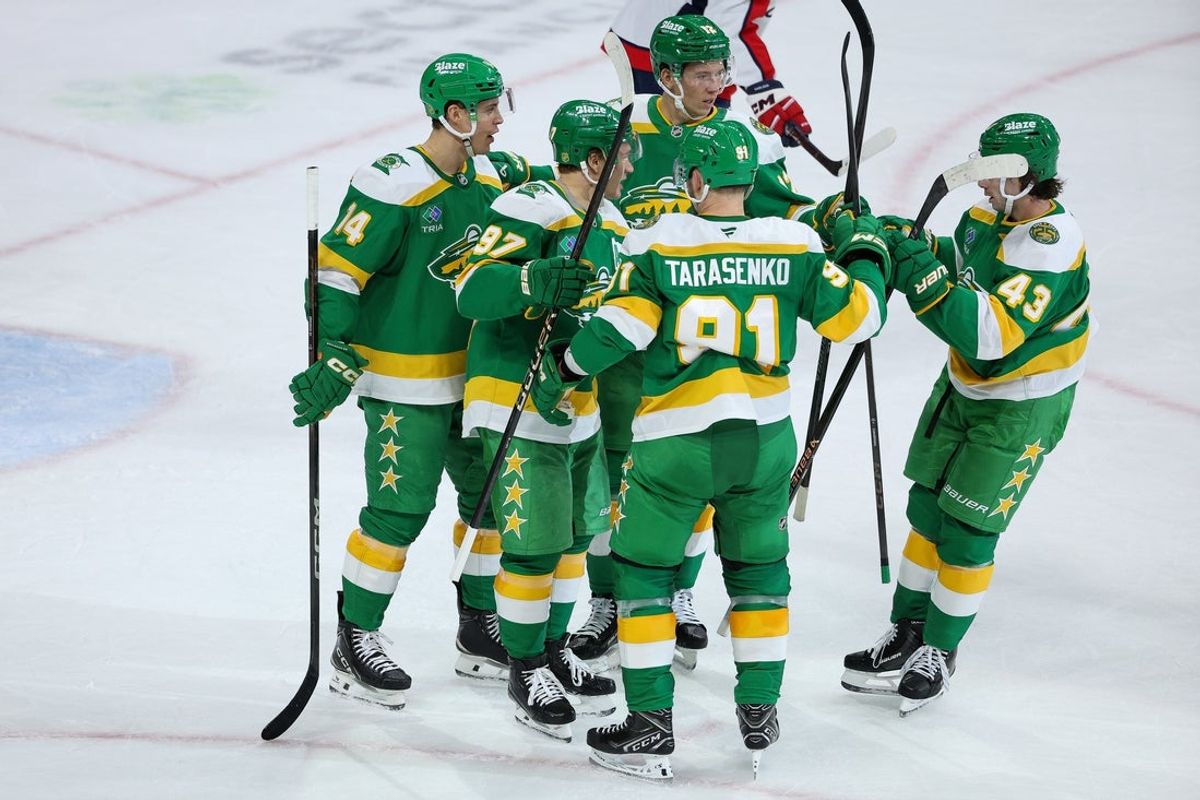 Dec 16, 2025; Saint Paul, Minnesota, USA; Minnesota Wild left wing Kirill Kaprizov (97) celebrates his goal against the Washington Capitals during the second period at Grand Casino Arena. Mandatory Credit: Matt Krohn-Imagn Images