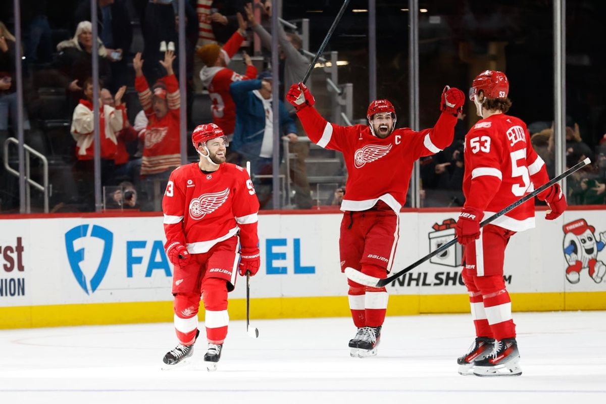 Dec 16, 2025; Detroit, Michigan, USA;  Detroit Red Wings right wing Alex Debrincat (93) celebrates after scoring in the third period against the New York Islanders at Little Caesars Arena. Mandatory Credit: Rick Osentoski-Imagn Images
