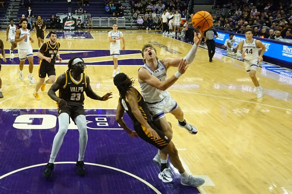 Dec 16, 2025; Evanston, Illinois, USA; Northwestern Wildcats forward Nick Martinelli (2) goes to the basket against the Valparaiso Beacons during the first half at Welsh-Ryan Arena. Mandatory Credit: David Banks-Imagn Images