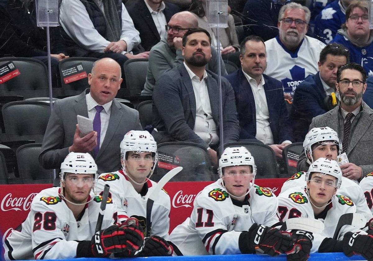 Dec 16, 2025; Toronto, Ontario, CAN; Chicago Blackhawks head coach Jeff Blashill watches the action against the Toronto Maple Leafs during the third period at Scotiabank Arena. Mandatory Credit: Nick Turchiaro-Imagn Images