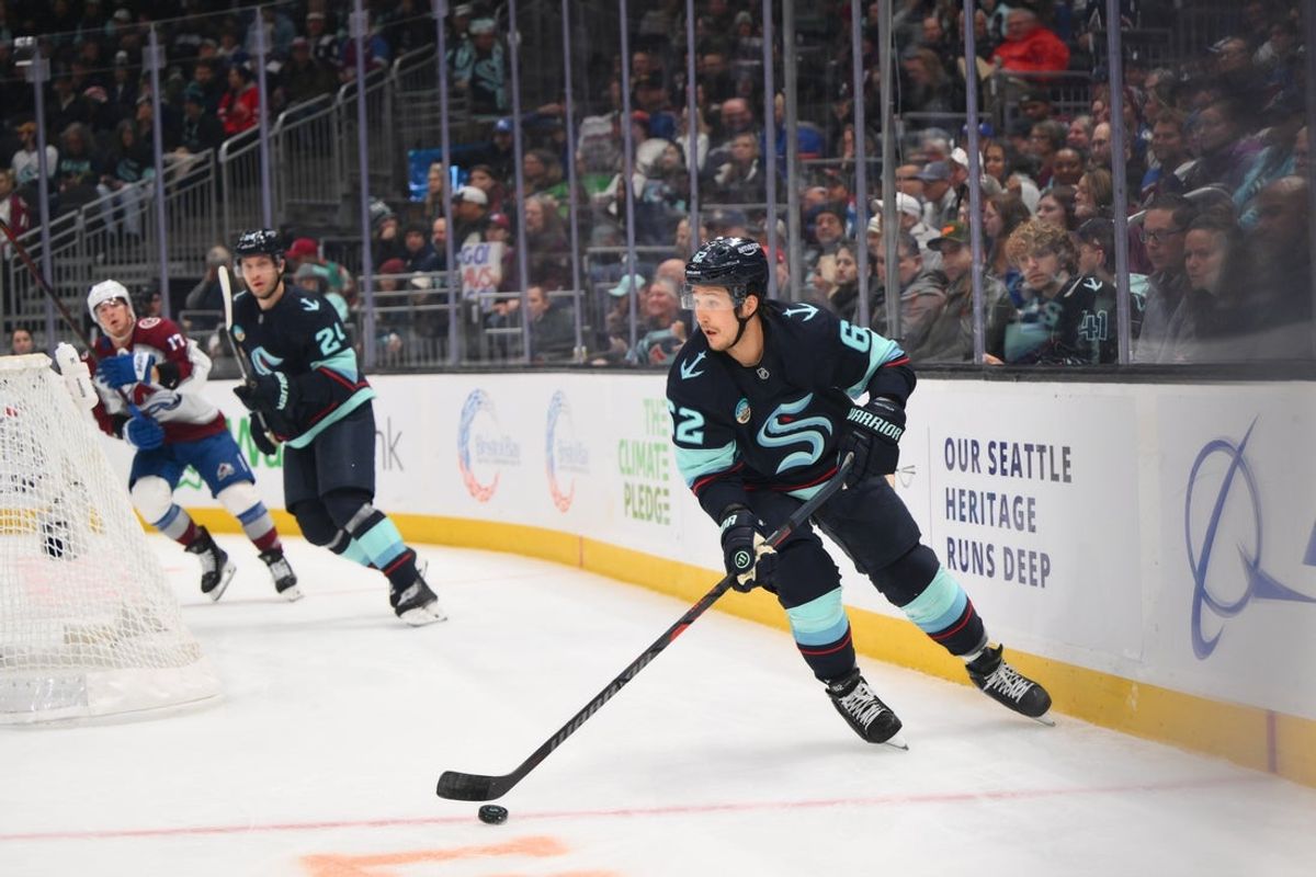 Dec 16, 2025; Seattle, Washington, USA; Seattle Kraken defenseman Brandon Montour (62) plays the puck during the first period against the Colorado Avalanche at Climate Pledge Arena. Mandatory Credit: Steven Bisig-Imagn Images