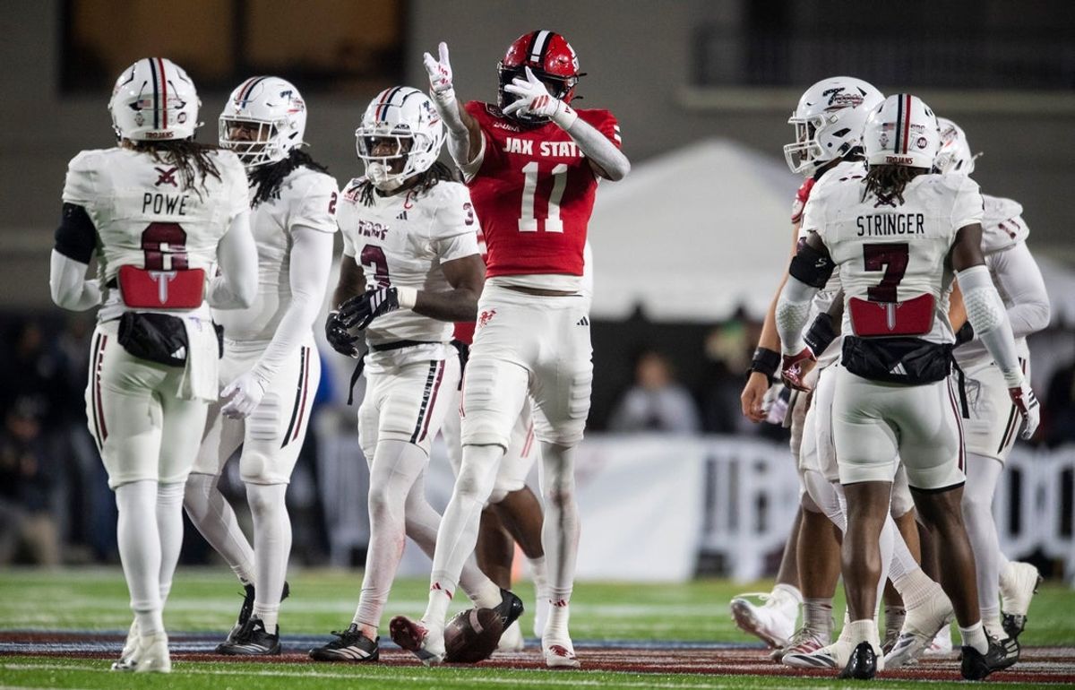Jacksonville State Gamecocks wide receiver Deondre Johnson (11) celebrates a first down as Troy Trojans take on Jacksonville State Gamecocks during the IS4S Salute to Veterans Bowl at Cramton Bowl in Montgomery, Ala. on Tuesday, Dec. 16, 2025. Troy Trojans lead Jacksonville State Gamecocks 13-7 at halftime.