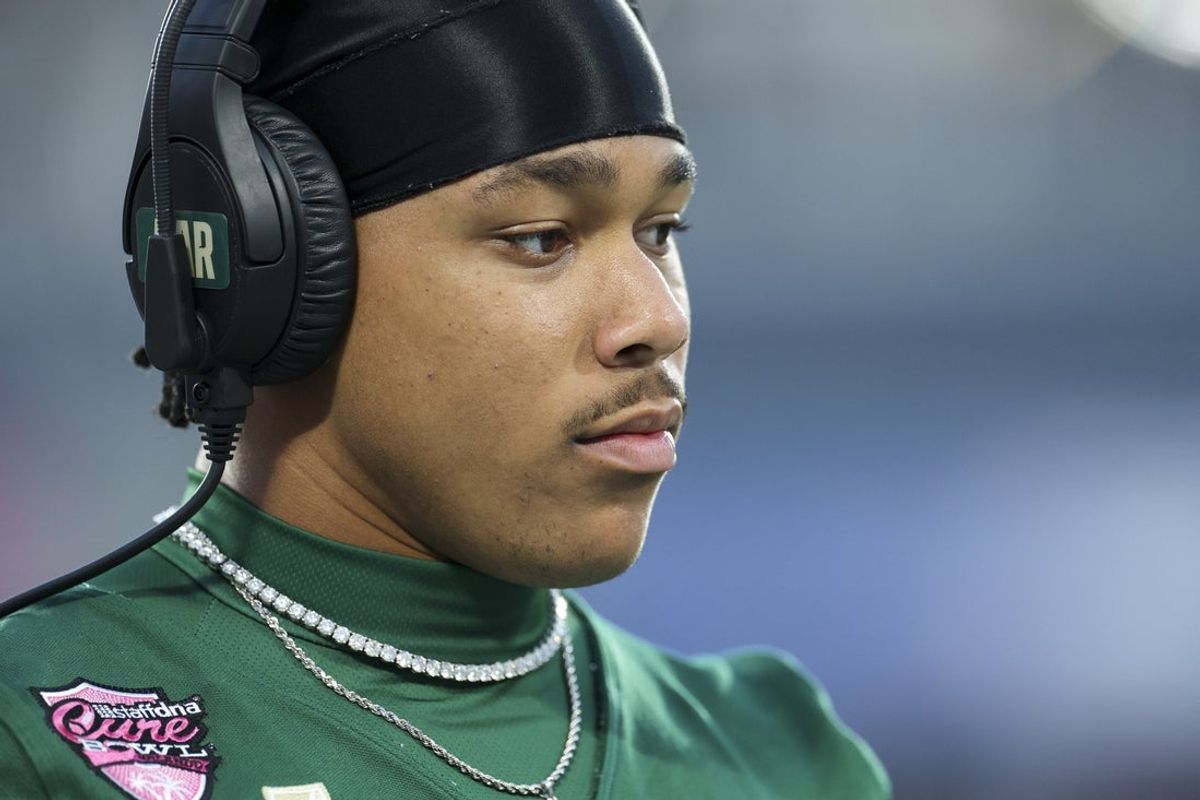 Dec 17, 2025; Orlando, FL, USA; South Florida Bulls quarterback Byrum Brown (17) looks on against the Old Dominion Monarchs in the first quarter during the Cure Bowl at Camping World Stadium. Mandatory Credit: Nathan Ray Seebeck-Imagn Images