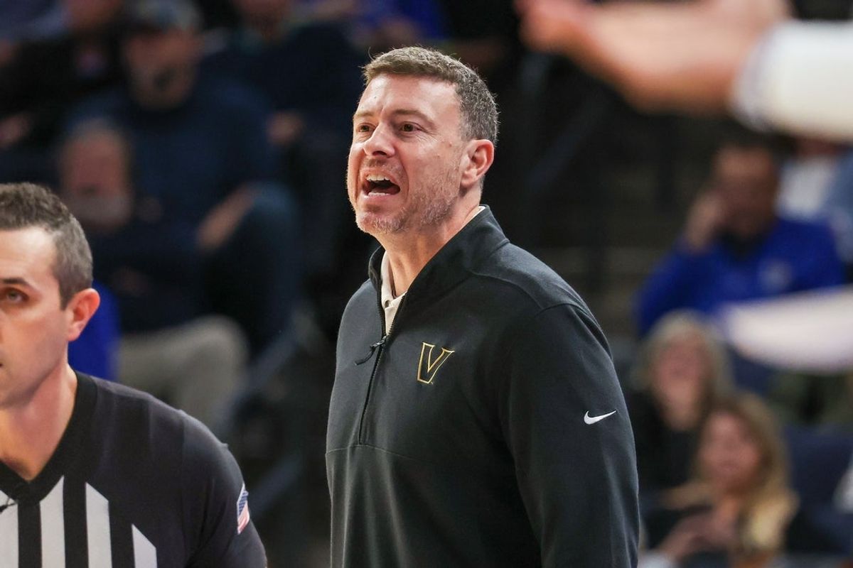 Dec 17, 2025; Memphis, Tennessee, USA; Vanderbilt Commodores head coach Mark Byington reacts against the Memphis Tigers during the first half at FedExForum. Mandatory Credit: Wesley Hale-Imagn Images