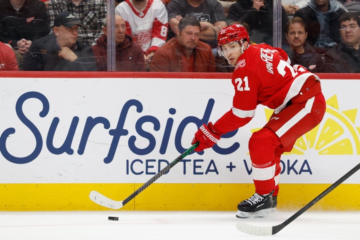Dec 17, 2025; Detroit, Michigan, USA;  Detroit Red Wings left wing James van Riemsdyk (21) skates with the puck in the second period against the Utah Mammoth at Little Caesars Arena. Mandatory Credit: Rick Osentoski-Imagn Images