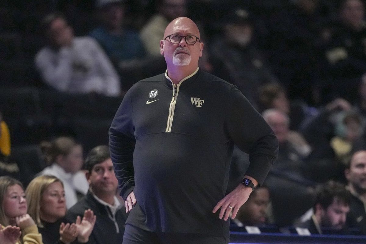 Dec 17, 2025; Winston-Salem, North Carolina, USA; Wake Forest Demon Deacons head coach Steve Forbes watches his team against the Longwood Lancers during the second half at Lawrence Joel Veterans Memorial Coliseum. Mandatory Credit: Jim Dedmon-Imagn Images