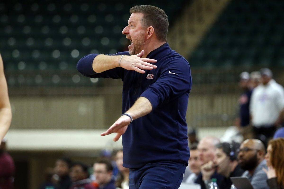 Dec 17, 2025; Tupelo, Mississippi, USA; Mississippi Rebels head coach Chris Beard reacts during the second half against the Alabama A&M Bulldogs at Cadence Bank Arena. Mandatory Credit: Petre Thomas-Imagn Images