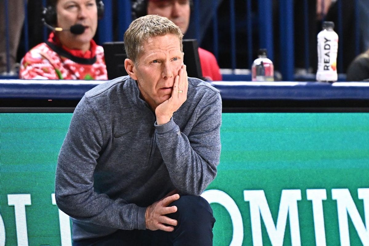 Dec 17, 2025; Spokane, Washington, USA; Gonzaga Bulldogs head coach Mark Few looks on against the Campbell Fighting Camels in the second half at McCarthey Athletic Center. Gonzaga Bulldogs won 98-70. Mandatory Credit: James Snook-Imagn Images