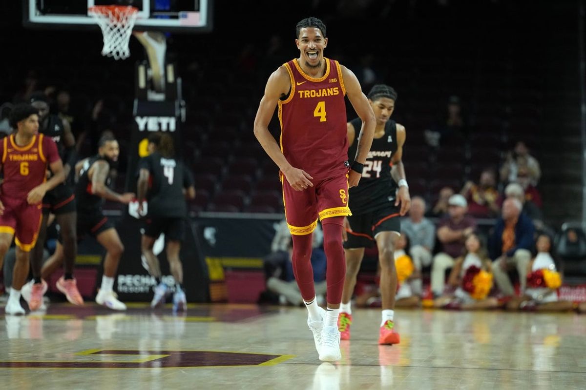 Dec 17, 2025; Los Angeles, California, USA; Southern California Trojans forward Chad Baker-Mazara (4) celebrates in the second half against the UTSA Roadrunners at the Galen Center. Mandatory Credit: Kirby Lee-Imagn Images