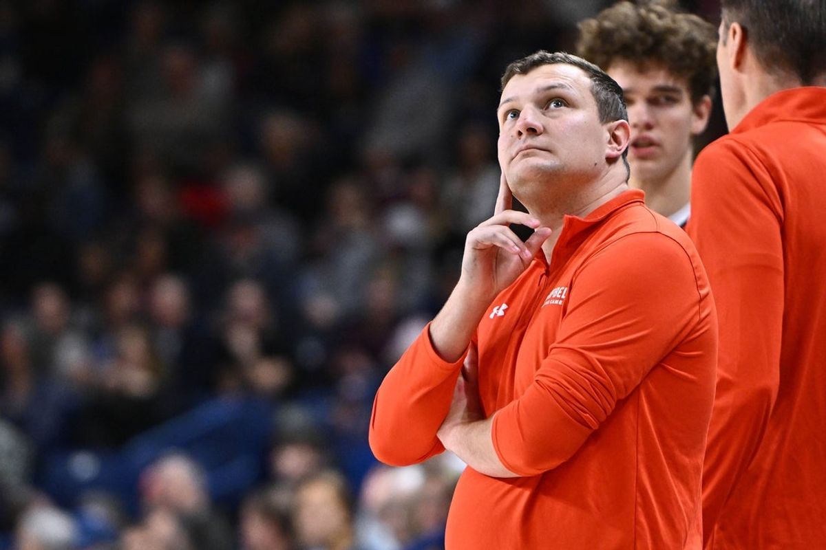 Dec 17, 2025; Spokane, Washington, USA; Campbell Fighting Camels head coach John Andrzejek looks up at the video board during a game against the Gonzaga Bulldogs in the second half at McCarthey Athletic Center. Gonzaga Bulldogs won 98-70. Mandatory Credit: James Snook-Imagn Images