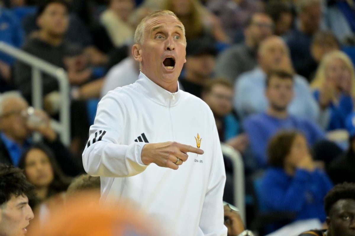 Dec 17, 2025; Los Angeles, California, USA; Arizona State Sun Devils head coach Bobby Hurley reacts in the second half against the UCLA Bruins at Pauley Pavilion presented by Wescom Financial. Mandatory Credit: Jayne Kamin-Oncea-Imagn Images