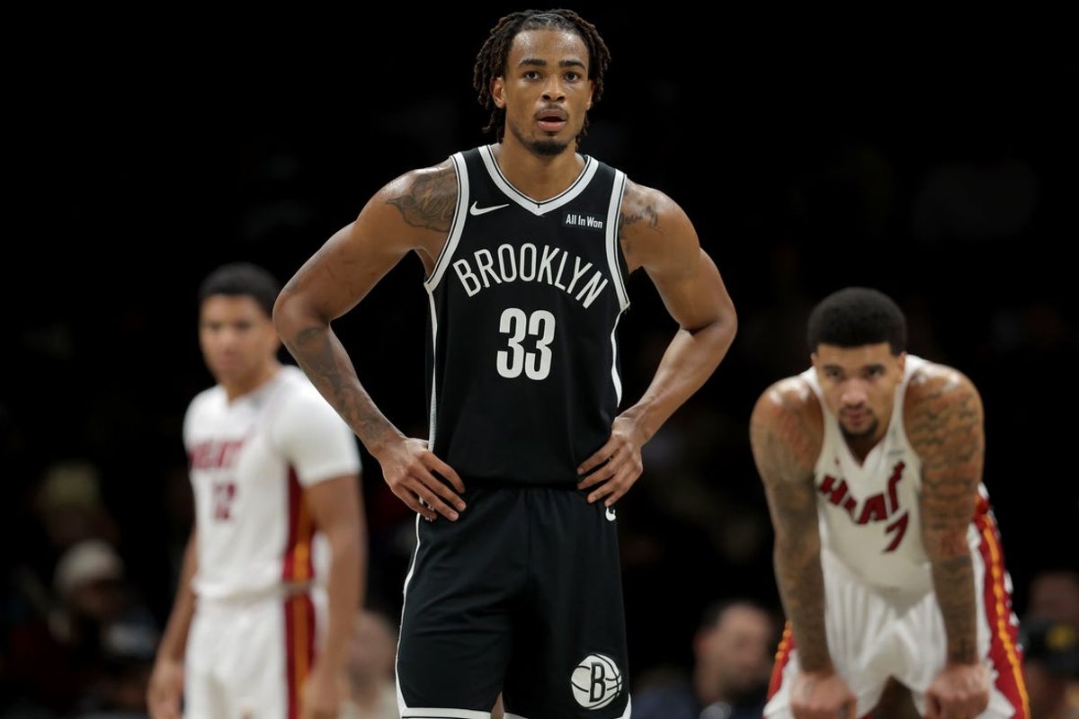 Dec 18, 2025; Brooklyn, New York, USA; Brooklyn Nets center Nic Claxton (33) reacts during the third quarter against the Miami Heat at Barclays Center. Mandatory Credit: Brad Penner-Imagn Images