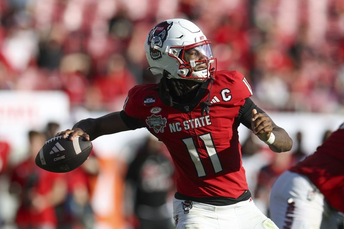 Dec 19, 2025; Tampa, FL, USA; NC State Wolfpack quarterback CJ Bailey (11) throws a pass against the Memphis Tigers in the second quarter during the Gasparilla Bowl at Raymond James Stadium. Mandatory Credit: Nathan Ray Seebeck-Imagn Images