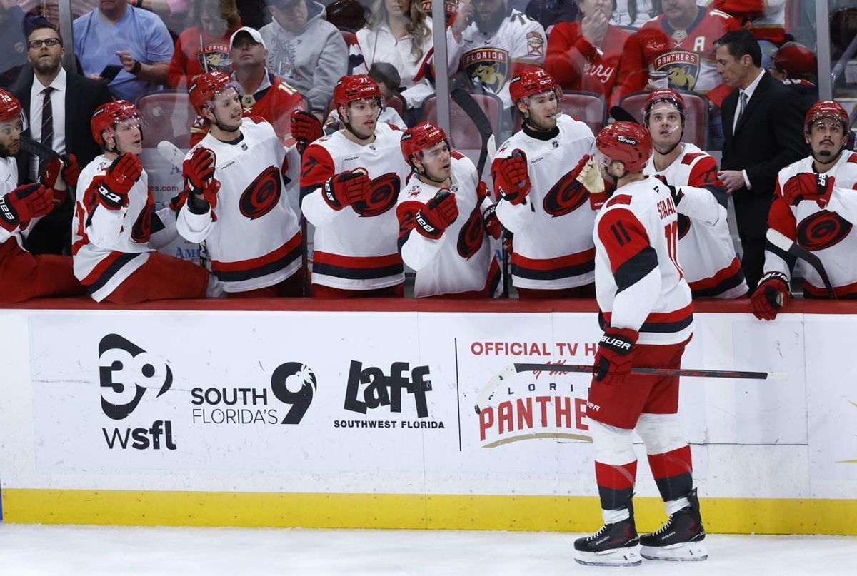 Dec 19, 2025; Sunrise, Florida, USA;  Carolina Hurricanes center Jordan Staal (11) celebrates his goal with teammates against the Florida Panthers during the first period at Amerant Bank Arena. Mandatory Credit: Rhona Wise-Imagn Images