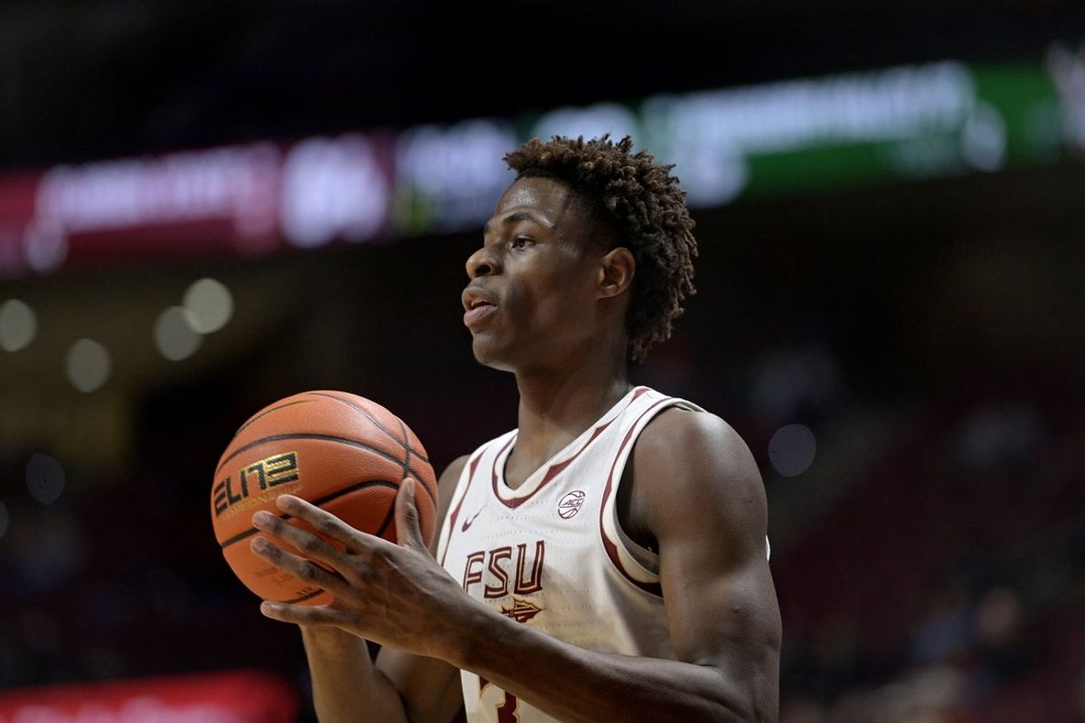 Dec 19, 2025; Tallahassee, Florida, USA; Florida State Seminoles forward Thomas Bassong (3) during the second half against the Mississippi Valley State Delta Devils at Donald L. Tucker Center. Mandatory Credit: Melina Myers-Imagn Images