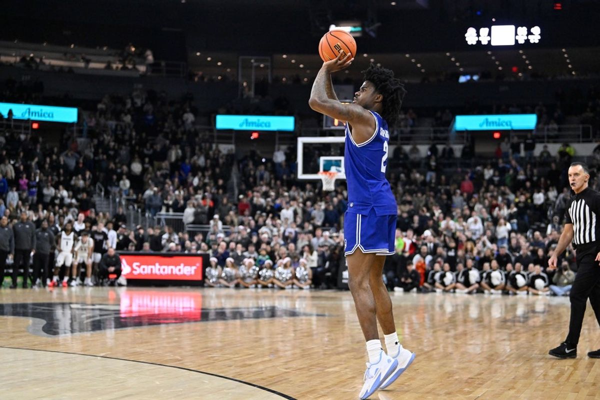 Dec 19, 2025; Providence, Rhode Island, USA; Seton Hall Pirates guard Tajuan Simpkins (2) shoots for three points during the second half against the Providence Friars at Amica Mutual Pavilion. Mandatory Credit: Eric Canha-Imagn Images