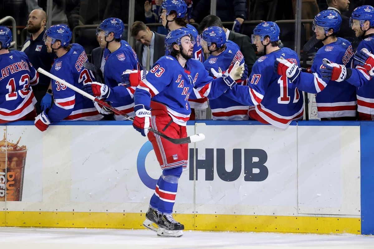 Dec 20, 2025; New York, New York, USA; New York Rangers center Mika Zibanejad (93) celebrates his game tying goal against the Philadelphia Flyers with teammates during the third period at Madison Square Garden. Mandatory Credit: Brad Penner-Imagn Images