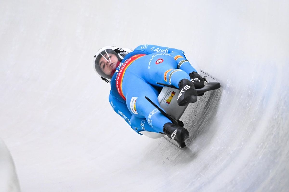 Dec 20, 2025; Lake Placid, NY, USA; Andrea Voetter (ITA) and Marion Oberhofer (ITA) in the Women’s Doubles Luge during their second run at Mt Van Hoevenberg. Mandatory Credit: David Kirouac-Imagn Images