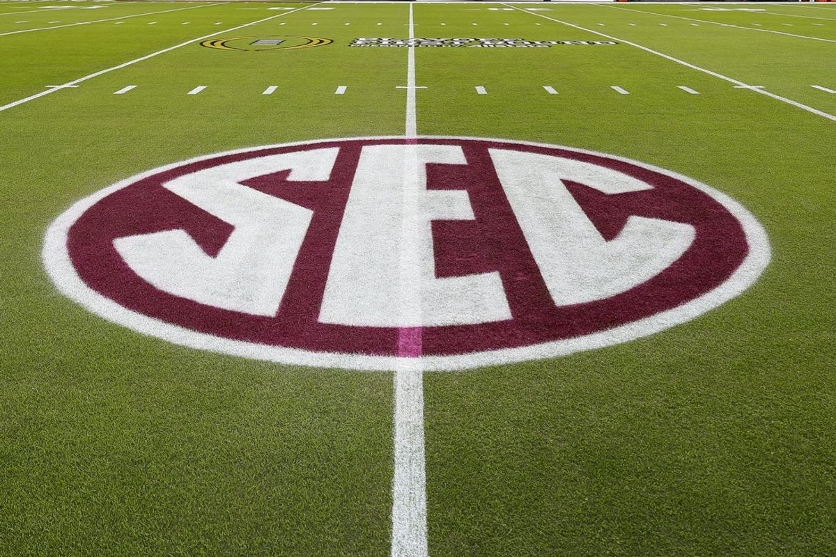 Dec 20, 2025; College Station, TX, USA; A detail view of the SEC logo at Kyle Field prior to the game between the Miami Hurricanes and the Texas A&M Aggies. Mandatory Credit: Maria Lysaker-Imagn Images