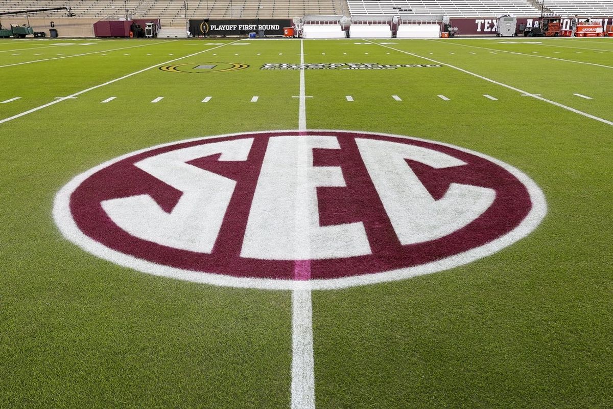 Dec 20, 2025; College Station, TX, USA; A detail view of the SEC logo at Kyle Field prior to the game between the Miami Hurricanes and the Texas A&M Aggies. Mandatory Credit: Maria Lysaker-Imagn Images