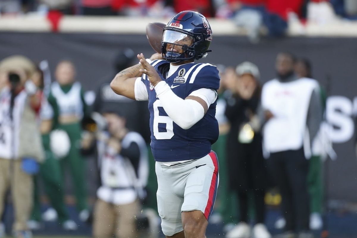 Dec 20, 2025; Oxford, MS, USA; Mississippi Rebels quarterback Trinidad Chambliss (6) looks to throw downfield against the Tulane Green Wave during the first half of a game at Vaught-Hemingway Stadium. Mandatory Credit: Petre Thomas-Imagn Images