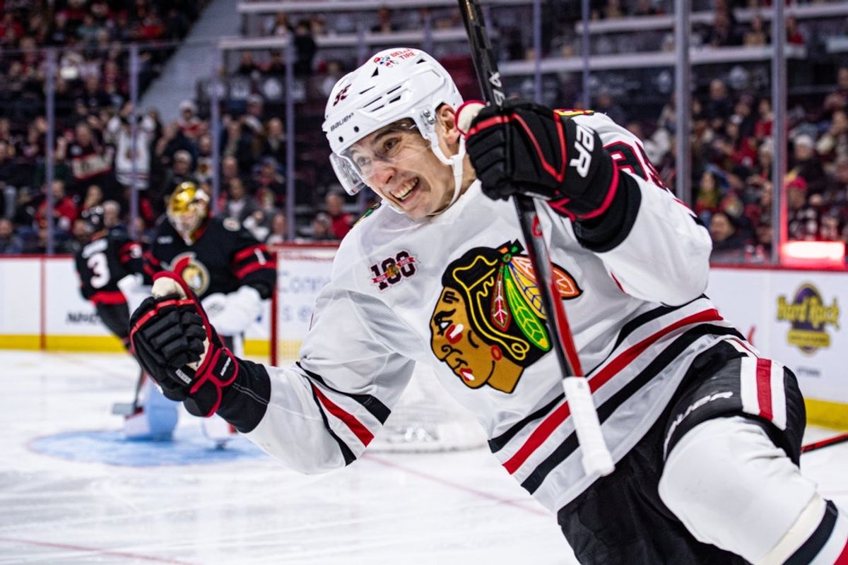 Dec 20, 2025; Ottawa, Ontario, CAN; Chicago Blackhawks right wing Ilya Mikheyev (96) celebrates his goal against Ottawa Senators goalie Leevi Merilainen (1)) in the second period at the Canadian Tire Centre. Mandatory Credit: Marc DesRosiers-IMAGN Images