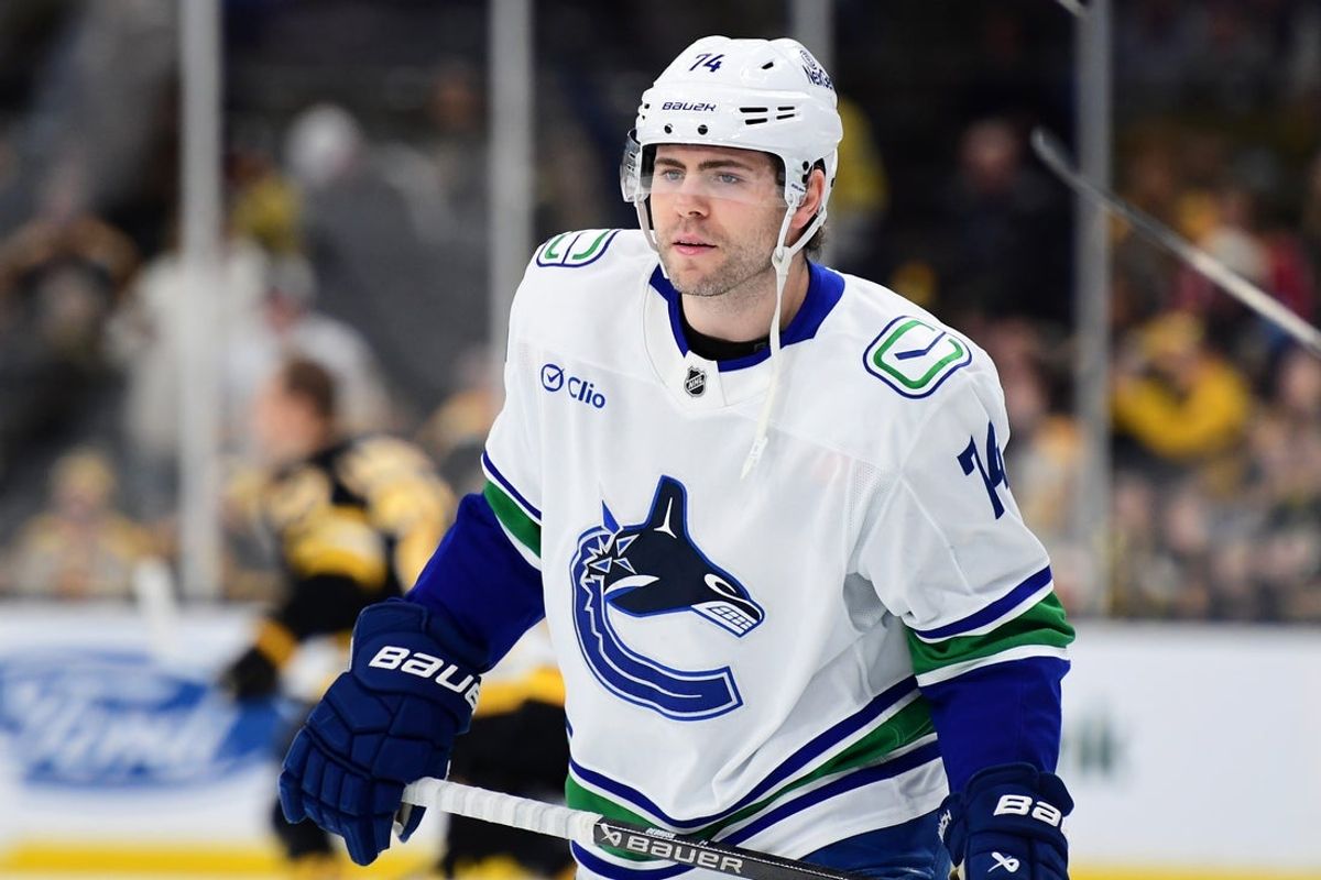 Dec 4, 2025; Boston, Massachusetts, USA;  Vancouver Canucks left wing Jake Debrusk (74) during warmups prior to a game against the Boston Bruins at TD Garden. Mandatory Credit: Bob DeChiara-Imagn Images
