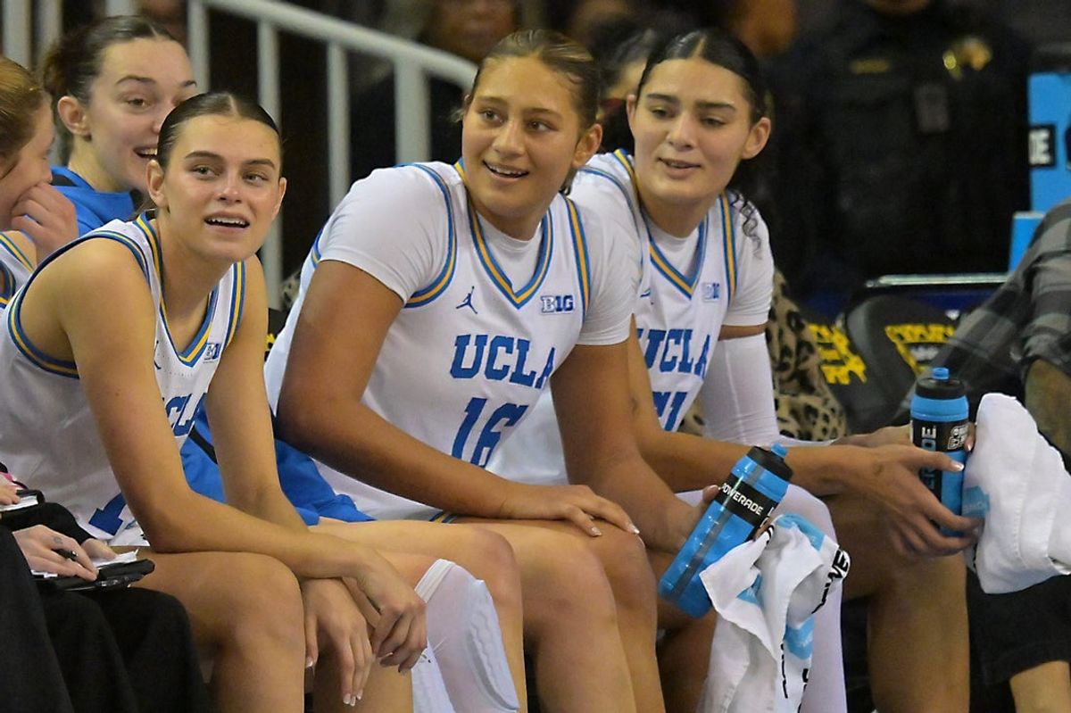 Dec 20, 2025; Los Angeles, California, USA; UCLA Bruins guard Gabriela Jaquez (11), forward Sienna Betts (16) and center Lauren Betts (51) look on from the bench during the second half against Long Beach State Beach at Pauley Pavilion presented by Wescom Financial. Mandatory Credit: Jayne Kamin-Oncea-Imagn Images