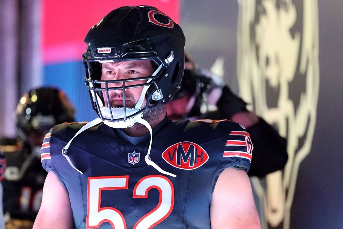 Dec 20, 2025; Chicago, Illinois, USA; Chicago Bears center Drew Dalman (52) takes the field before the game against the Green Bay Packers at Soldier Field. Mandatory Credit: Mike Dinovo-Imagn Images