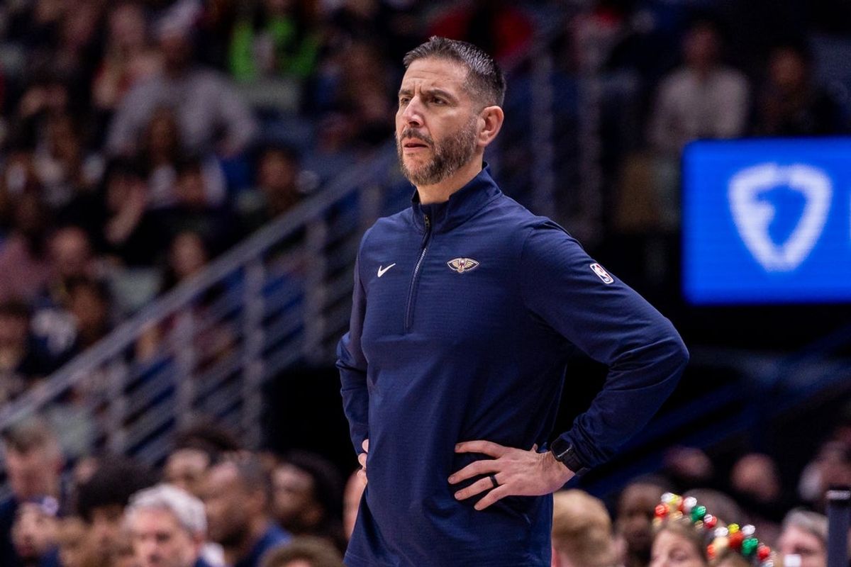 Dec 20, 2025; New Orleans, Louisiana, USA;  New Orleans Pelicans Interim Head Coach James Borrego looks on against the Indiana Pacers during the first half at Smoothie King Center. Mandatory Credit: Stephen Lew-Imagn Images