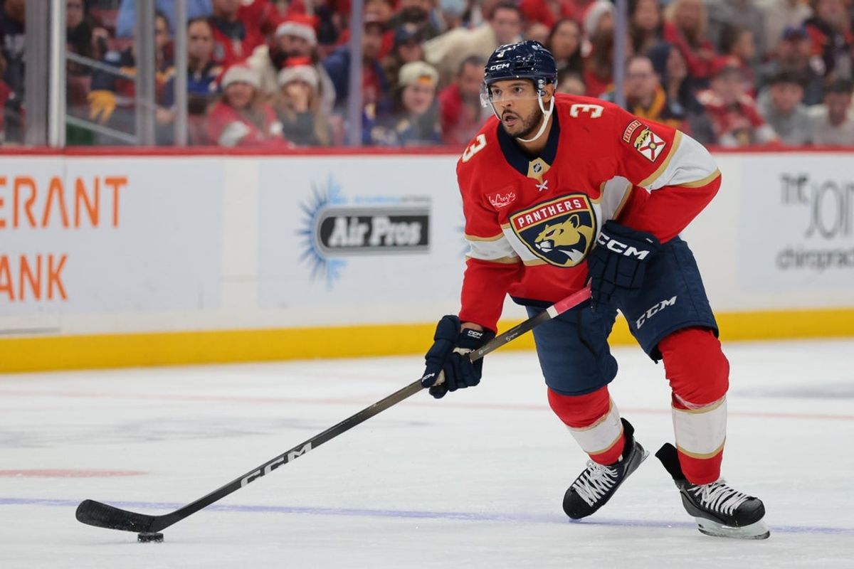 Dec 20, 2025; Sunrise, Florida, USA; Florida Panthers defenseman Seth Jones (3) moves the puck against the St. Louis Blues during the second period at Amerant Bank Arena. Mandatory Credit: Sam Navarro-Imagn Images