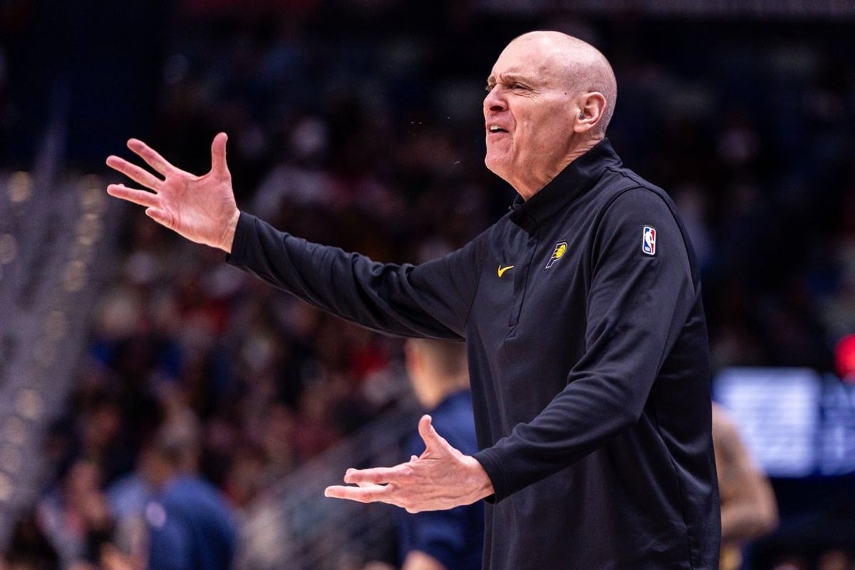 Dec 20, 2025; New Orleans, Louisiana, USA;  Indiana Pacers Head Coach Rick Carlisle reacts to a play against the New Orleans Pelicans during the second half at Smoothie King Center. Mandatory Credit: Stephen Lew-Imagn Images