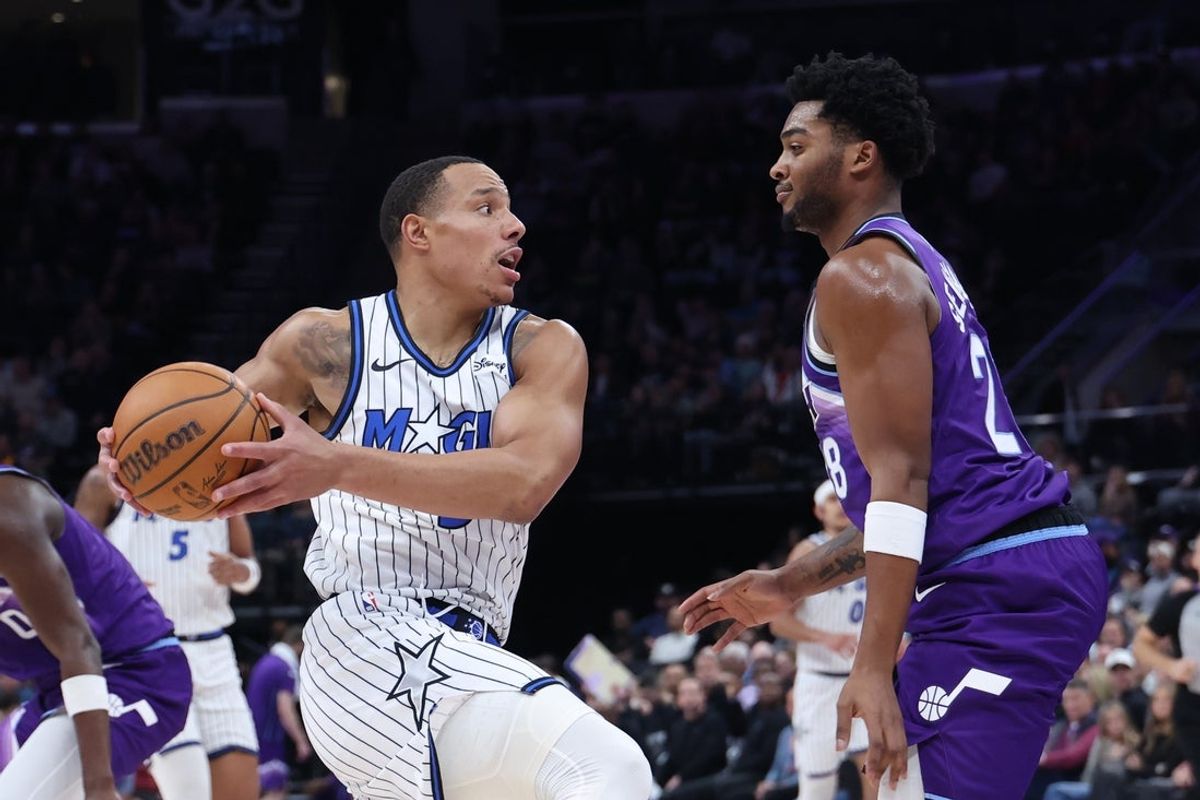 Dec 20, 2025; Salt Lake City, Utah, USA; Orlando Magic guard Desmond Bane (3) goes to the basket against Utah Jazz forward Brice Sensabaugh (28) during the first quarter at Delta Center. Mandatory Credit: Rob Gray-Imagn Images