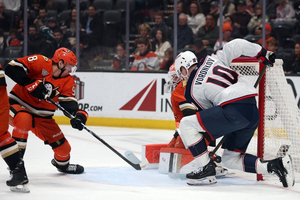 Dec 20, 2025; Anaheim, California, USA;  Columbus Blue Jackets left wing Dmitri Voronkov (10) scores a goal against Anaheim Ducks goaltender Lukas Dostal (1) during the first period at Honda Center. Mandatory Credit: Kiyoshi Mio-Imagn Images