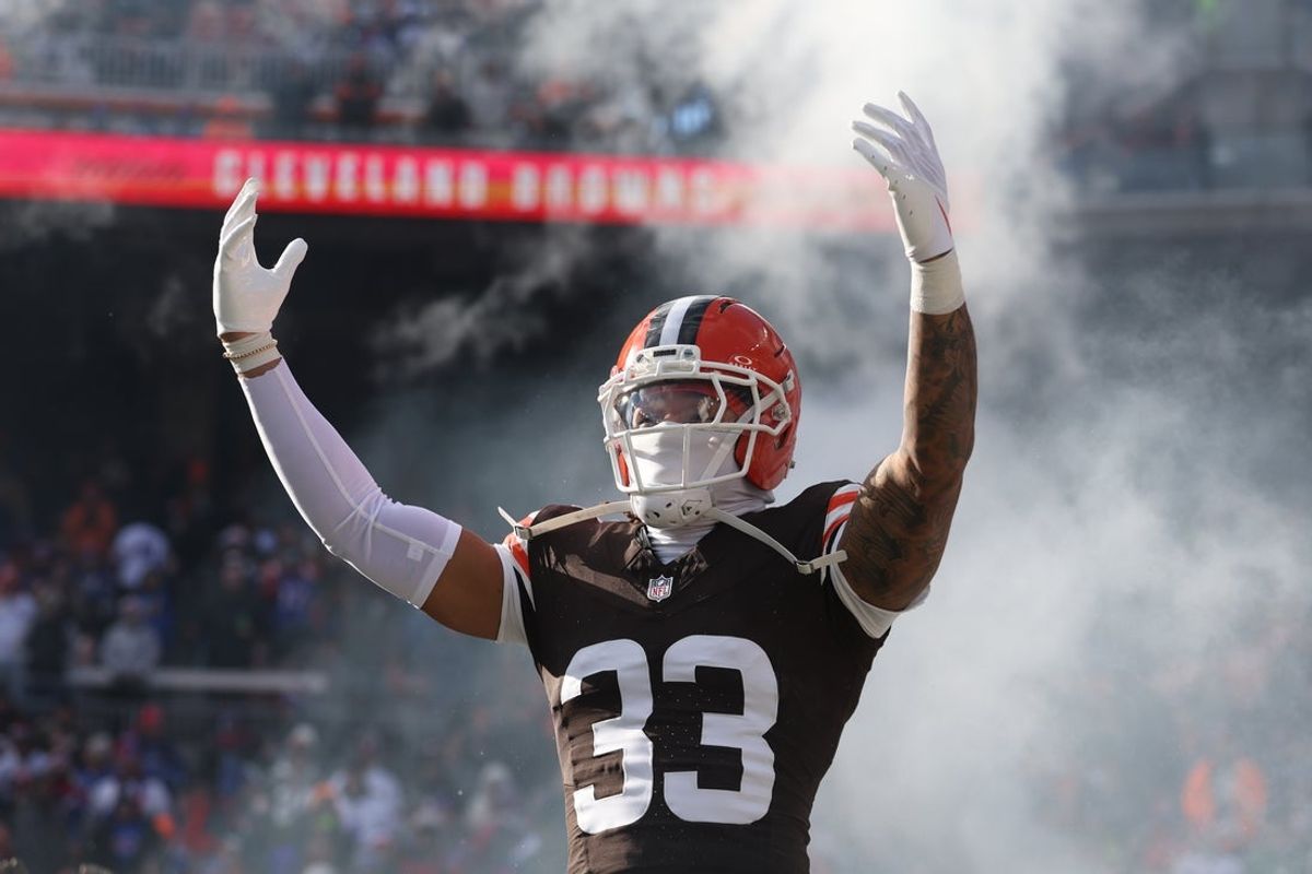 Dec 21, 2025; Cleveland, Ohio, USA;  Cleveland Browns safety Ronnie Hickman (33) is introduced prior to a game against the Buffalo Bills at Huntington Bank Field. Mandatory Credit: Scott Galvin-Imagn Images