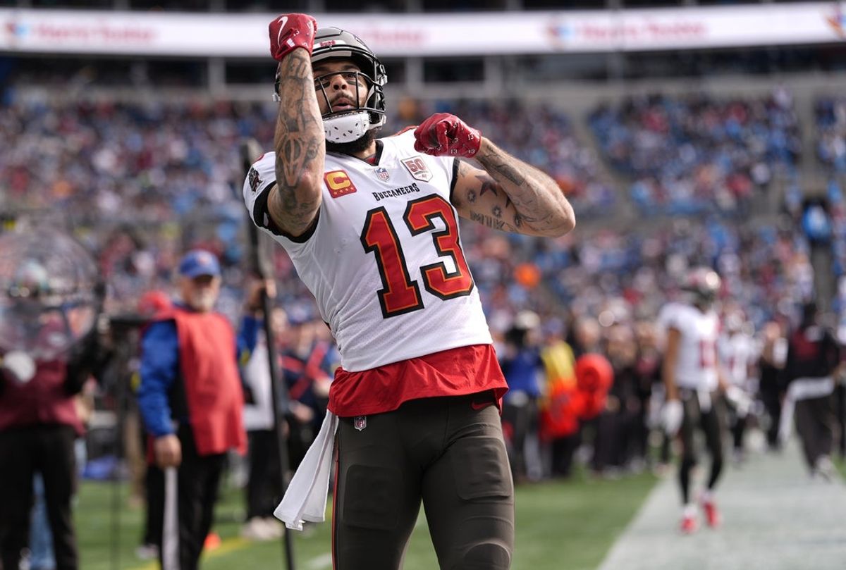 Dec 21, 2025; Charlotte, North Carolina, USA; Tampa Bay Buccaneers wide receiver Mike Evans (13) reacts a touchdown during the first half against the Carolina Panthers at Bank of America Stadium. Mandatory Credit: Jim Dedmon-Imagn Images