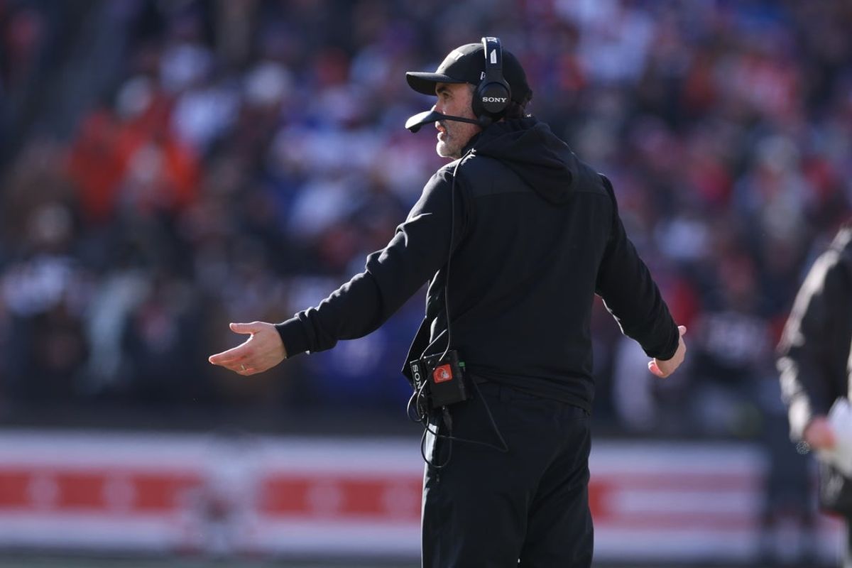 Cleveland Browns head coach Kevin Stefanski reacts on the sidelines against the Buffalo Bills during the first half at Huntington Bank Field. Mandatory Credit: Scott Galvin-Imagn Images