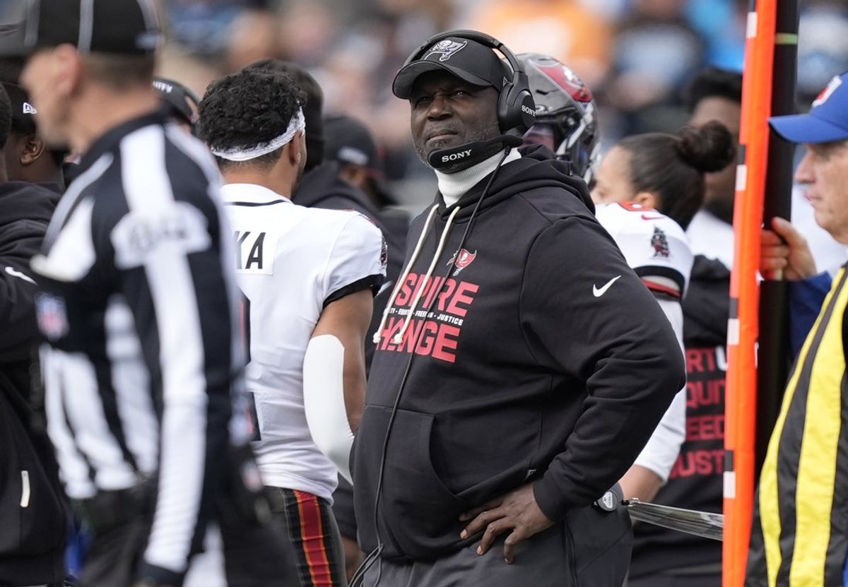 Dec 21, 2025; Charlotte, North Carolina, USA; Tampa Bay Buccaneers head coach Todd Bowles during the first half against the Carolina Panthers at Bank of America Stadium. Mandatory Credit: Jim Dedmon-Imagn Images