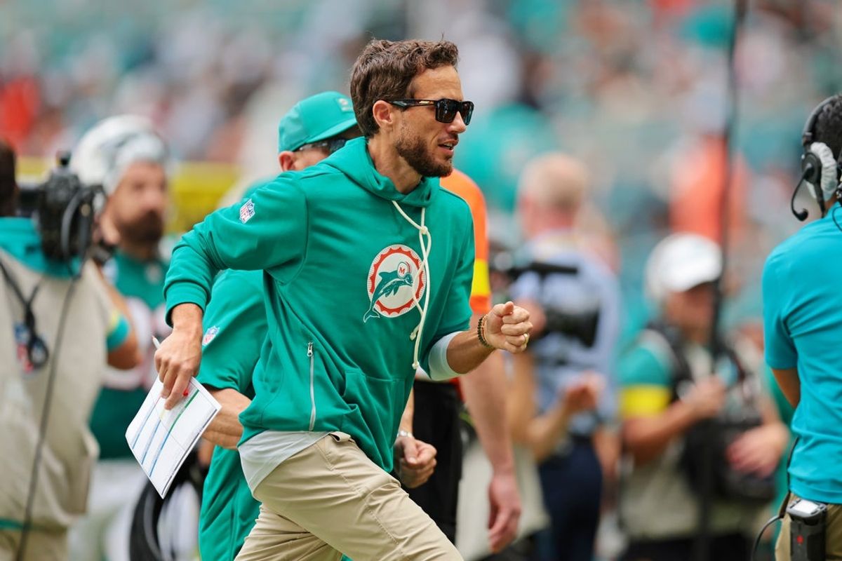 Dec 21, 2025; Miami Gardens, Florida, USA; Miami Dolphins head coach Mike McDaniel looks on during the second quarter against the Cincinnati Bengals at Hard Rock Stadium. Mandatory Credit: Sam Navarro-Imagn Images