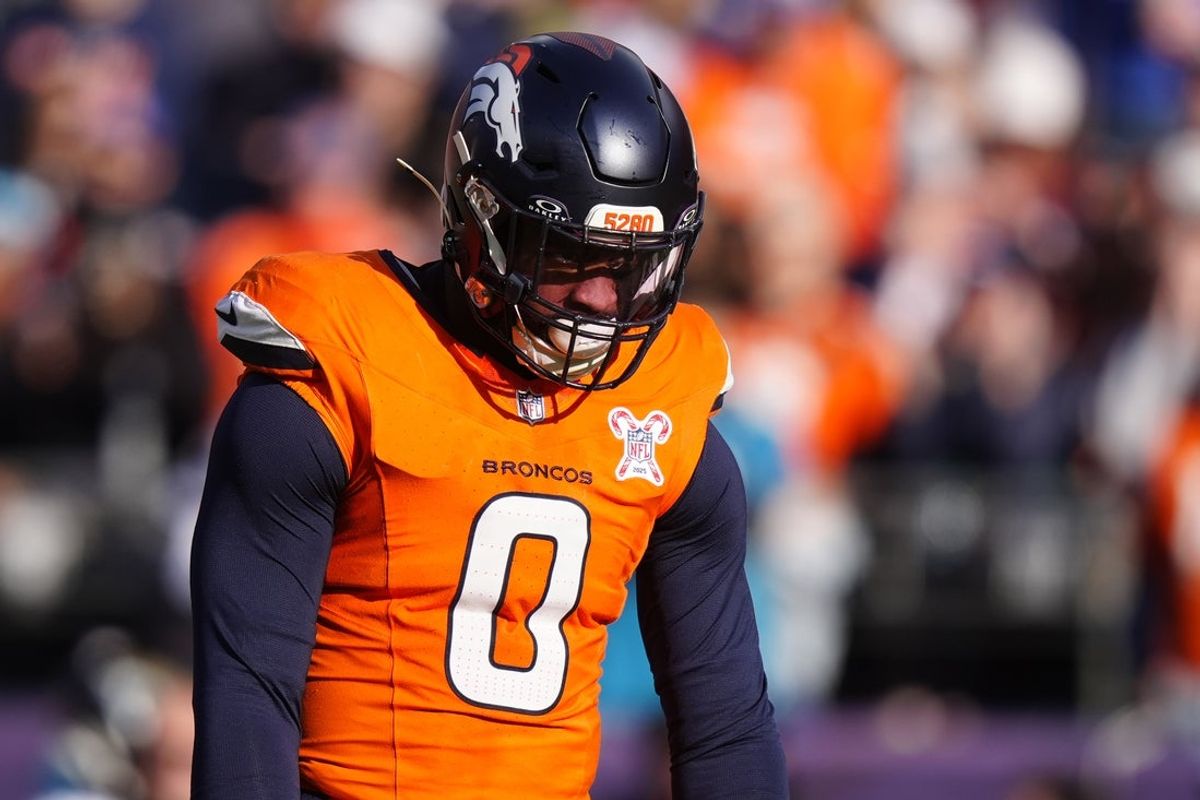 Dec 21, 2025; Denver, Colorado, USA; Denver Broncos linebacker Jonathon Cooper (0) before the game at Empower Field at Mile High. Mandatory Credit: Ron Chenoy-Imagn Images