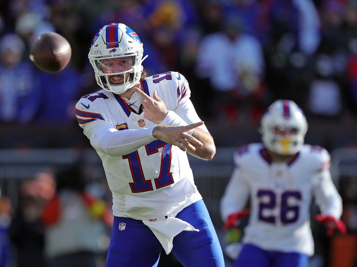 Buffalo Bills quarterback Josh Allen (17) gets a pass off during the first half of an NFL football game at Huntington Bank Field, Dec. 21, 2025, in Cleveland, Ohio.