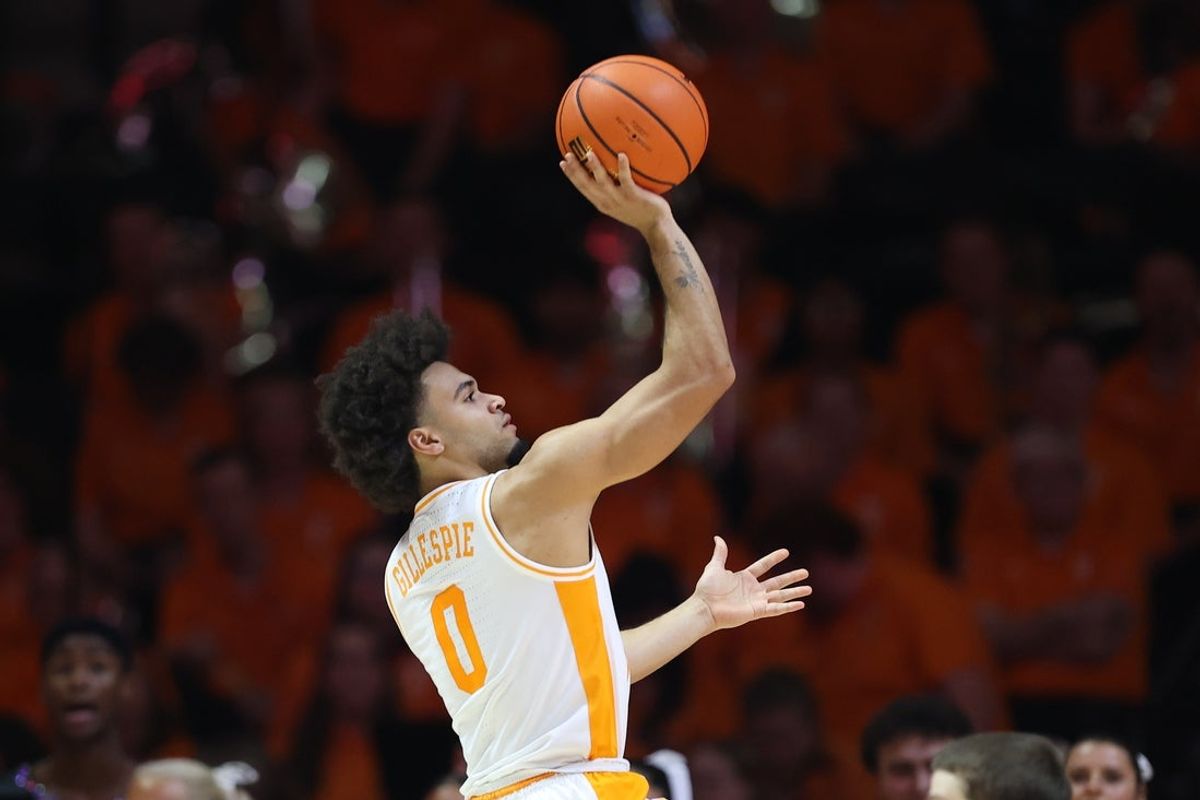 Dec 21, 2025; Knoxville, Tennessee, USA;  Tennessee Volunteers guard Ja'Kobi Gillespie (0) shoots the ball against the Gardner-Webb Runnin' Bulldogs during the second half at Thompson-Boling Arena at Food City Center. Mandatory Credit: Randy Sartin-Imagn Images