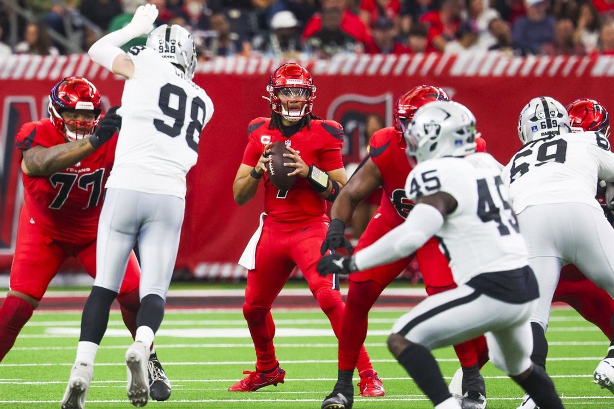 Dec 21, 2025; Houston, Texas, USA; Houston Texans quarterback C.J. Stroud (7) looks to pass against the Las Vegas Raiders during the second quarter at NRG Stadium. Mandatory Credit: Thomas Shea-Imagn Images