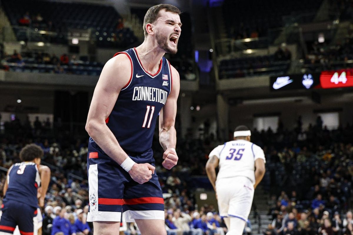 Dec 21, 2025; Chicago, Illinois, USA; UConn Huskies forward Alex Karaban (11) reacts against DePaul Blue Demons during the second half at Wintrust Arena. Mandatory Credit: Kamil Krzaczynski-Imagn Images