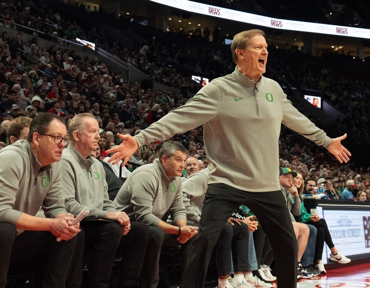 Oregon coach Dana Altman reacts to a call during the first half of the Northwest Elite Showdown against Gonzaga at the Moda Center in Portland Dec. 21, 2025.