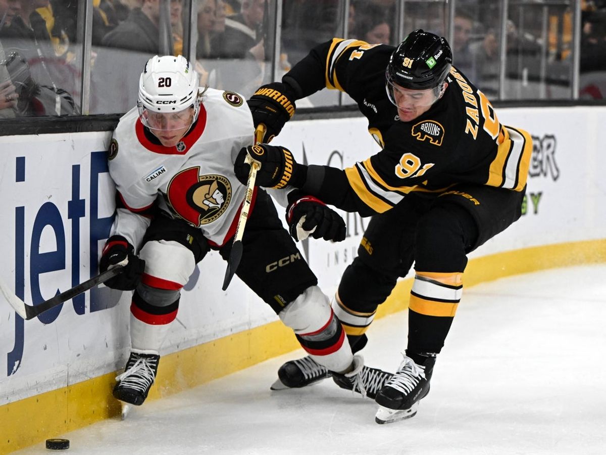 Dec 21, 2025; Boston, Massachusetts, USA; Boston Bruins defenseman Nikita Zadorov #91 checks Ottawa Senators left wing Fabian Zetterlund #20 into the boards during the second period at the TD Garden. Mandatory Credit: Brian Fluharty-Imagn Images