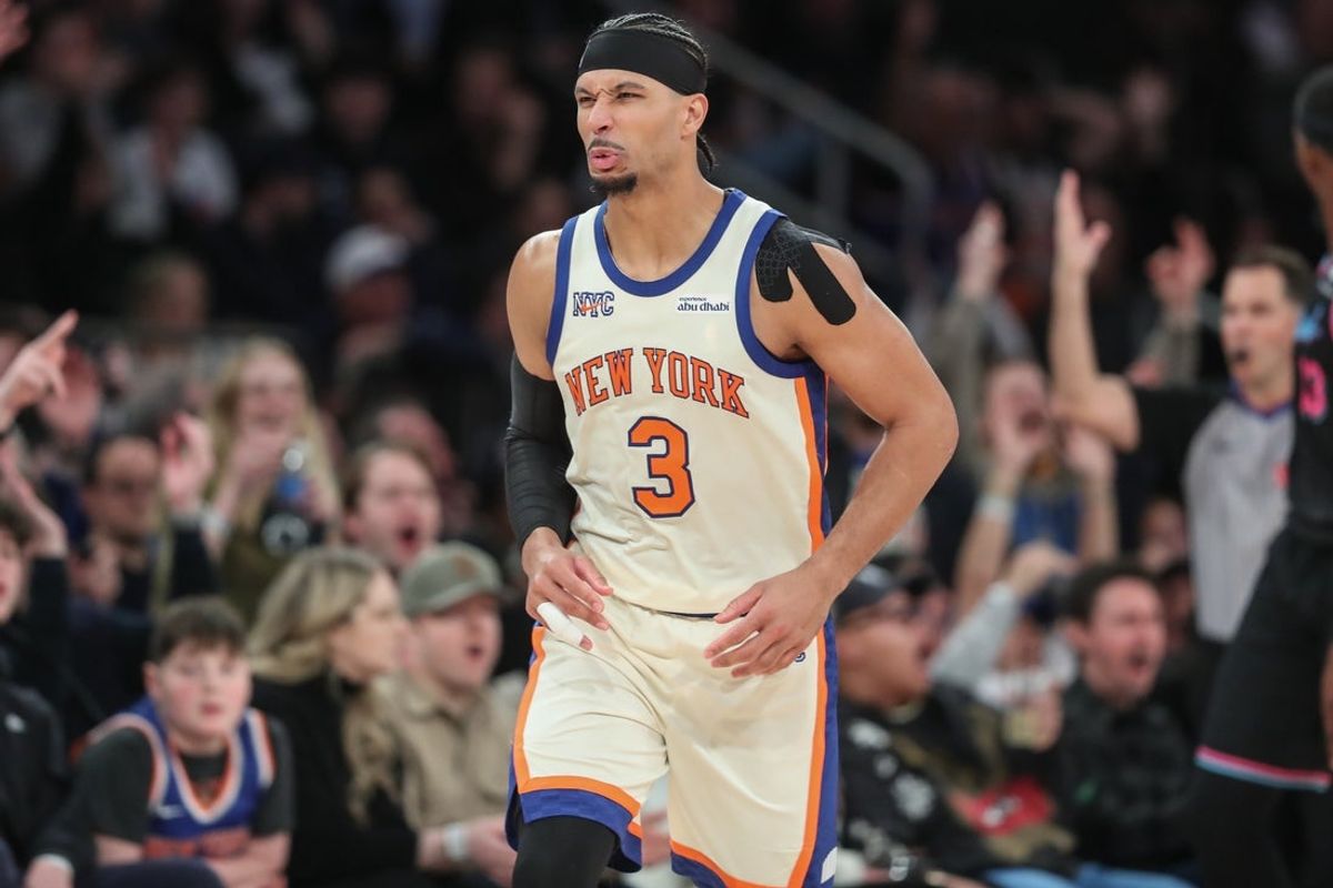 Dec 21, 2025; New York, New York, USA;  New York Knicks guard Josh Hart (3) gestures after making a three-point shot in the fourth quarter against the Miami Heat at Madison Square Garden. Mandatory Credit: Wendell Cruz-Imagn Images